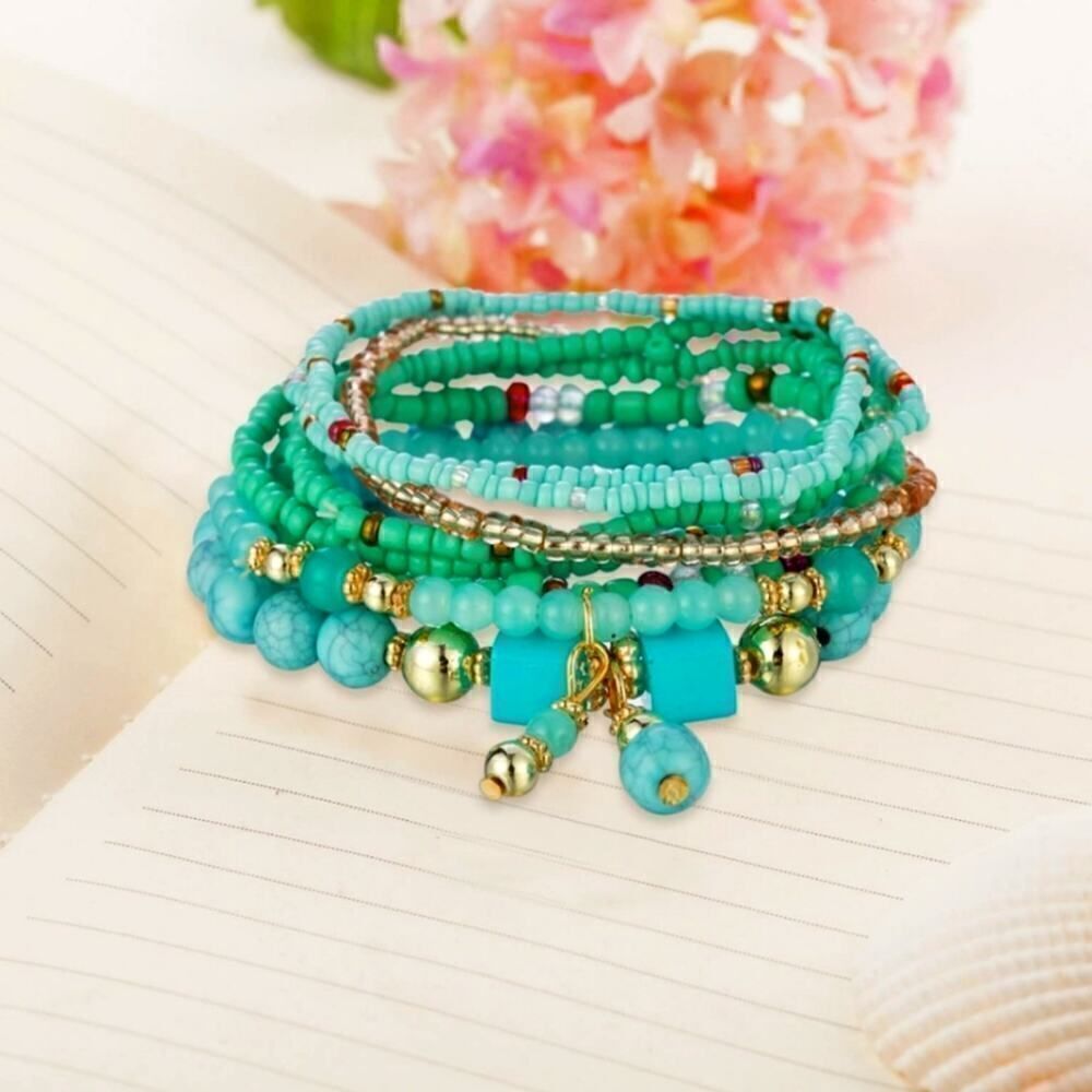 Stackable Bead Bracelets Ladies Stretch Multilayer Bracelet Set Turquois…
